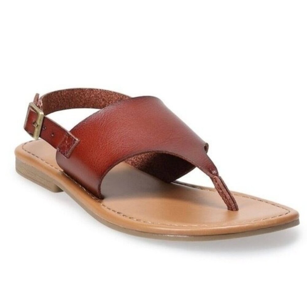 Brown Slingback Thong Sandal Women Size 7 Flat Summer Shoe Faux Leather Comfort